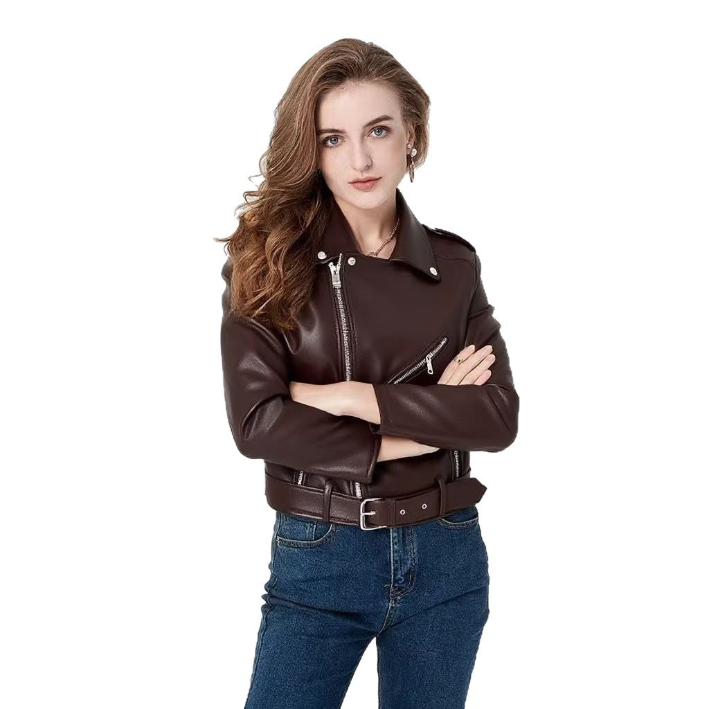Women's Fashion Diagonal Zipper Slim Fit Washed Motorcycle Jacket