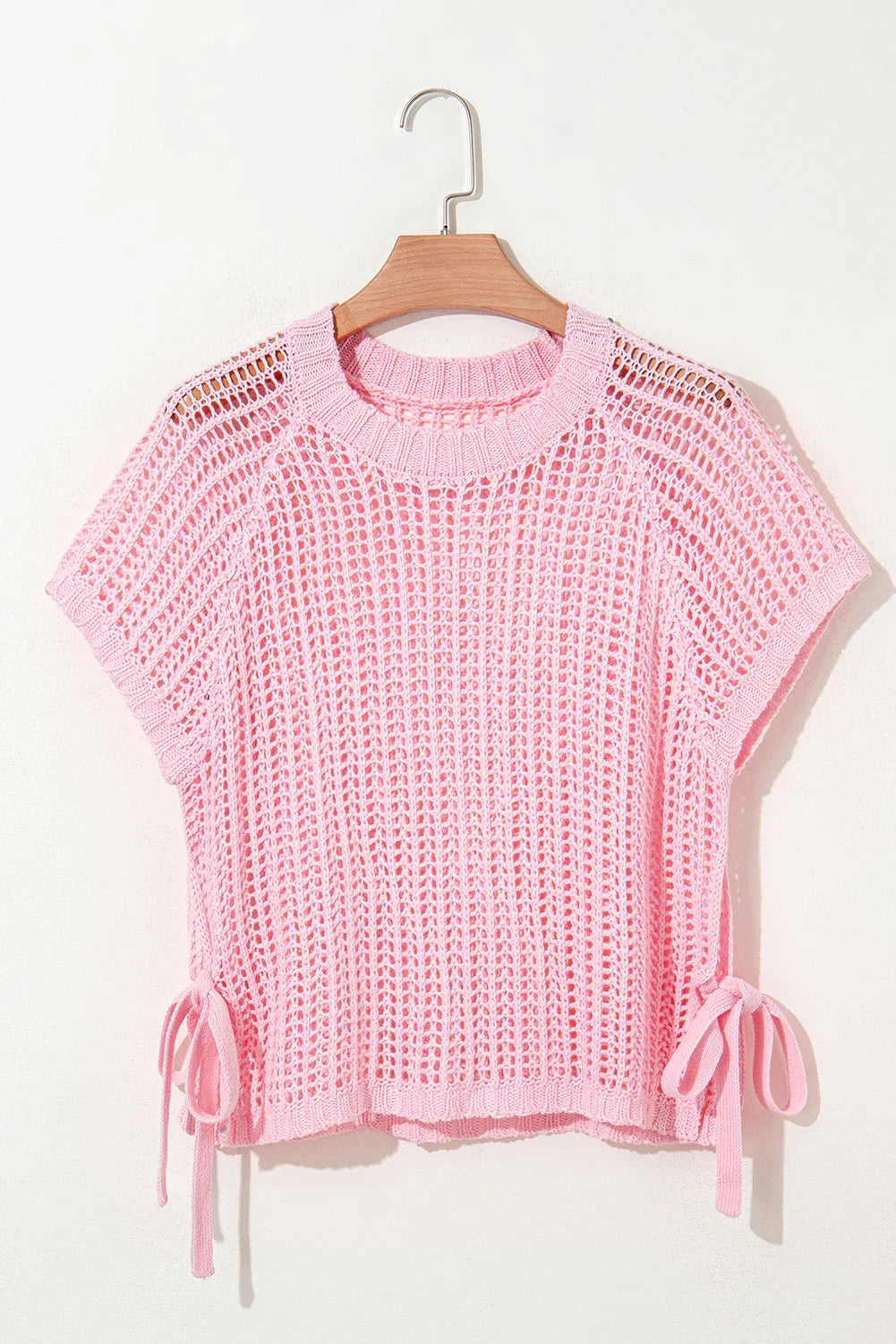 Pink Side Tie Hollow-out Crochet Knit Top