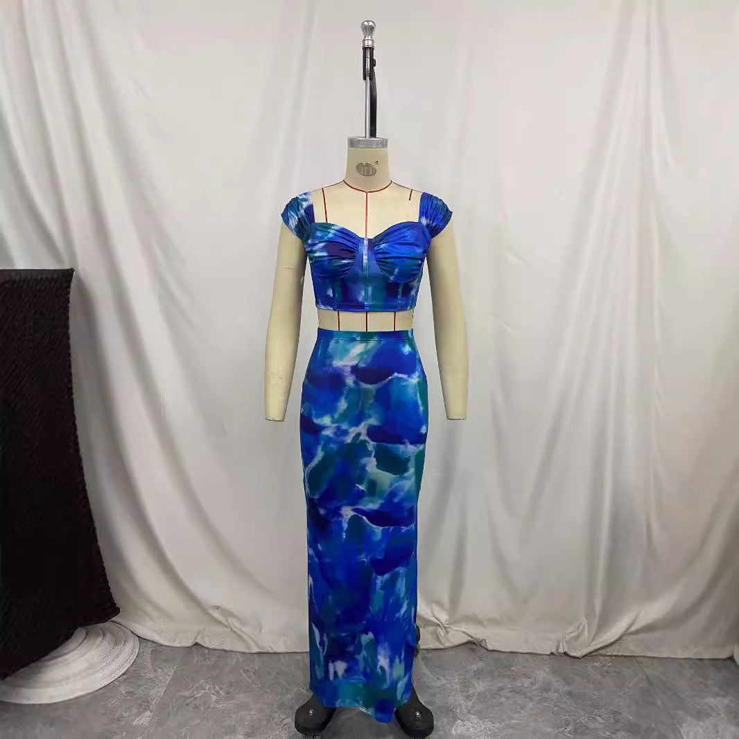 Printed Cropped Camisole With Straps Figure-hugging Sheath Maxi Skirt