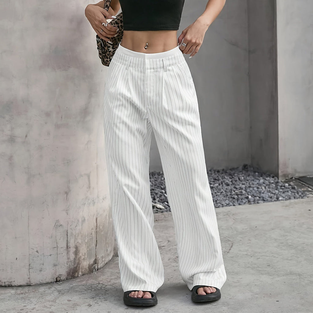 Stripe Printed Trousers Fashion High Waist Straight Leg Pants With Pocket Zipper Casual Suit Pants For Women