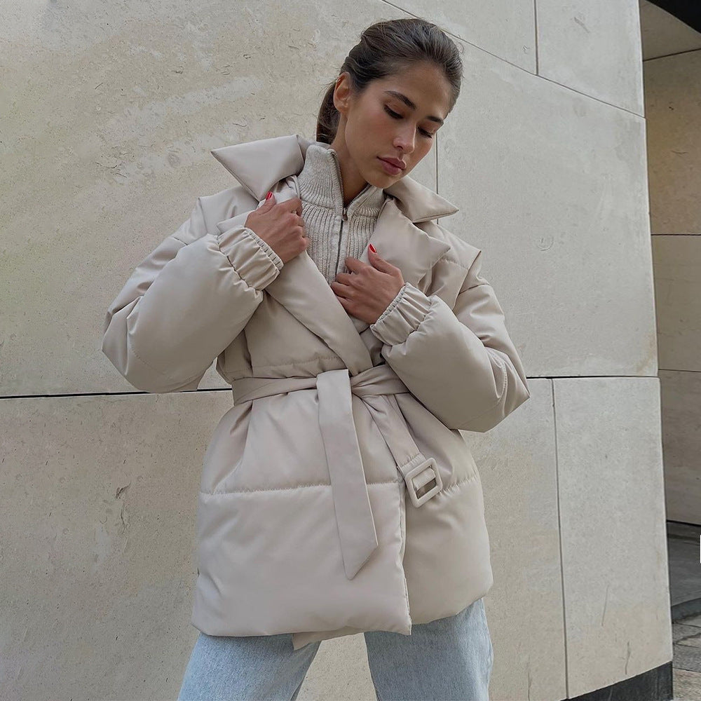 New Thickened Slimming Cinched Cotton-padded Coat Solid Color Belt Cotton Coat Jacket