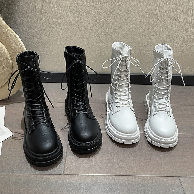 Autumn And Winter New Round Head Lace-up British Style Thick Bottom Mid-calf Martin Boots Women