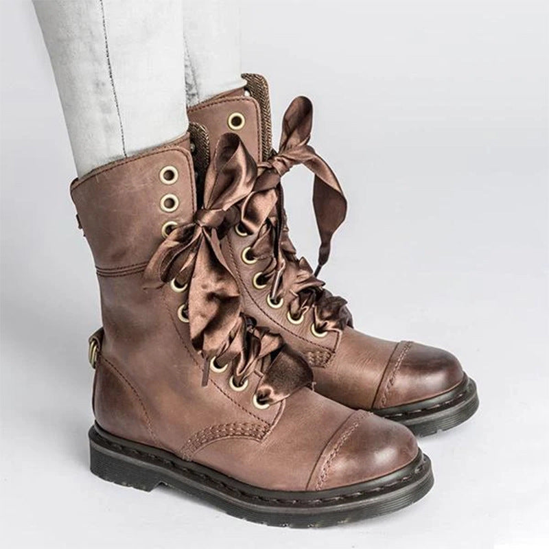 British-style Lace-up Round-toe Flat Ankle Boots For Women