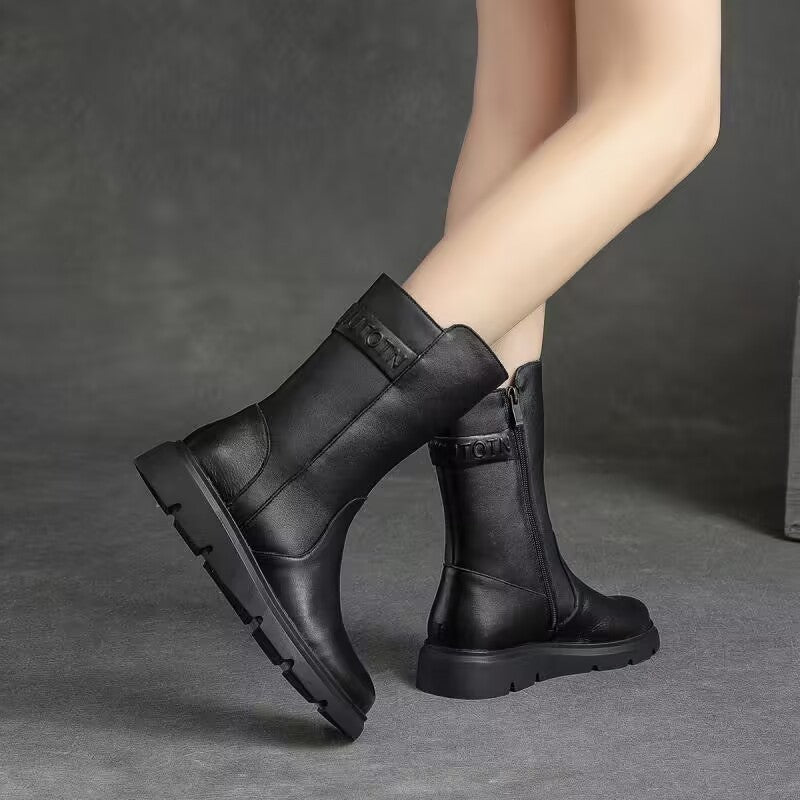 Round-toe Solid-color High-top Mid-calf Short Boots With Side Zipper