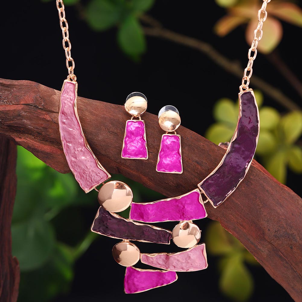 Female Colored Oil Geometric Irregular Earnail Necklace Set