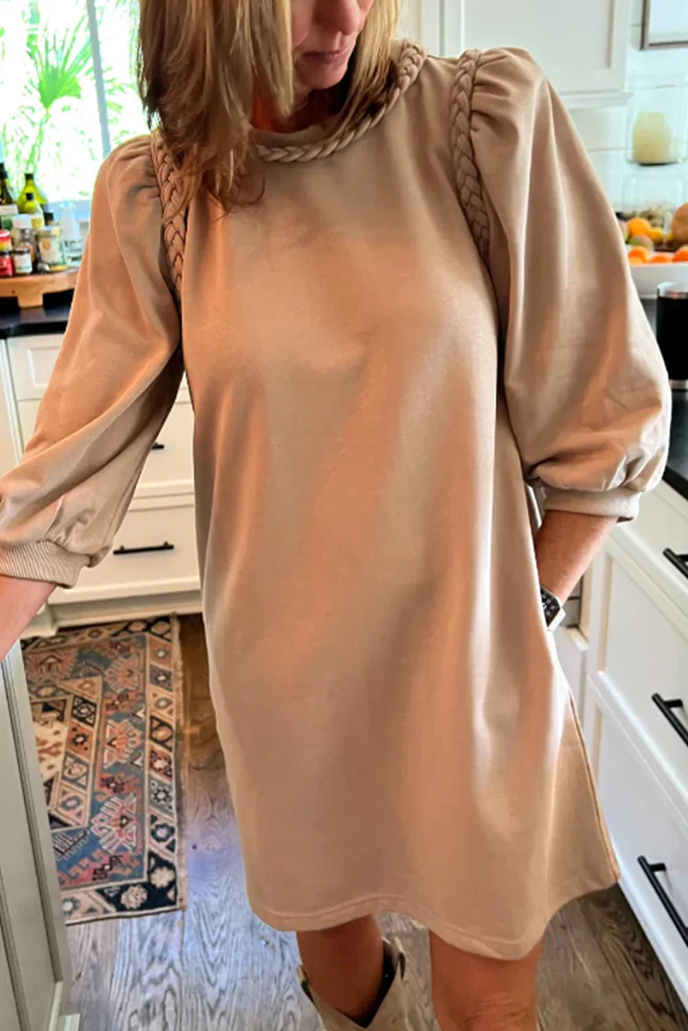 Light French Beige Twist Braided Embellished Puff Sleeve Dress