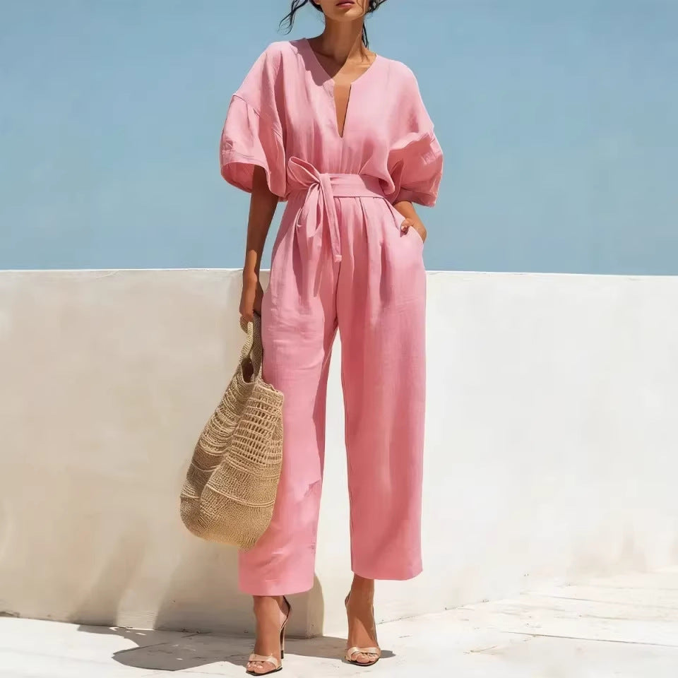 Fashionable V-Neck Solid Color Cotton-Linen Jumpsuit For Women