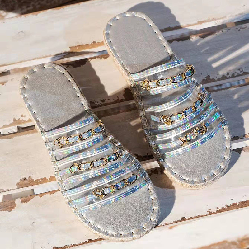 New Hemp Rope Thick Bottom Women's Large Size Straw Sandals With Rhinestones
