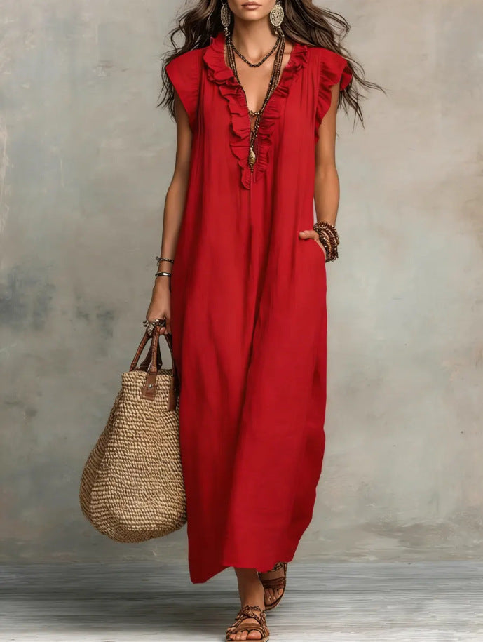 Women's Spring Summer Pocket Ruffle Elegant Dress