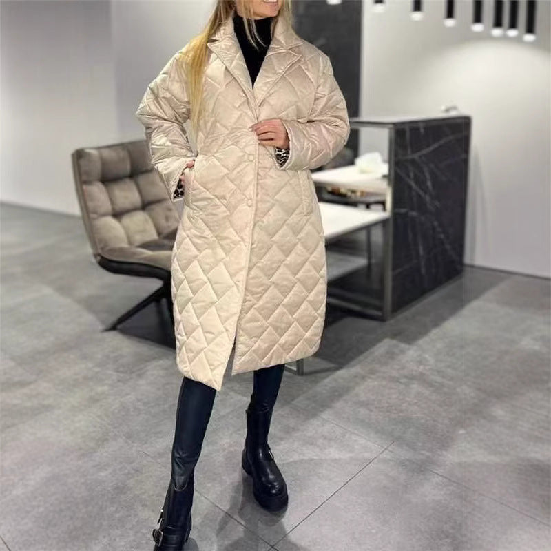Winter Rhombus Stitching Coat Warm Solid Color Pocket Lapel Long Jacket Women's Clothing