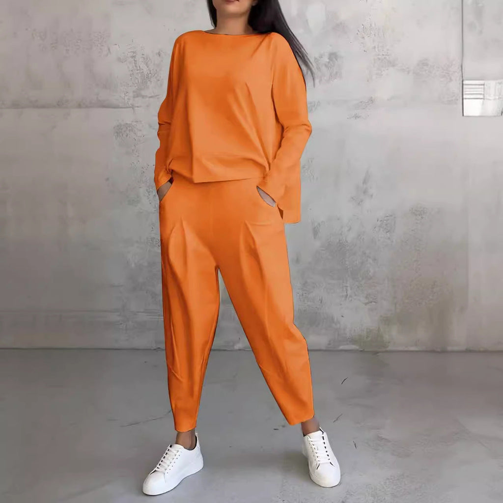 Women's Irregular Suit Long-sleeved Round Neck Top And Loose Harem Pants With Pockets Ins Fashion Trousers Set Women's Clothing
