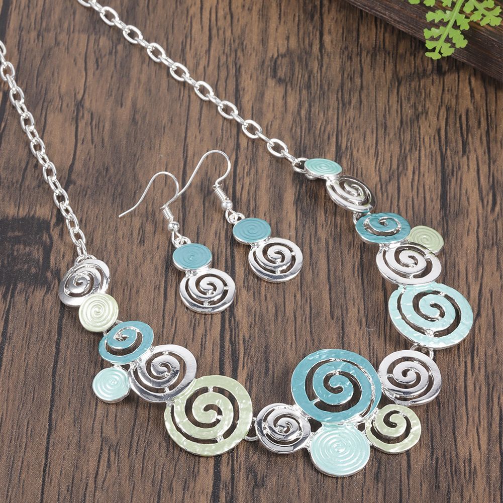 Zinc Alloy Geometric Round Spiral Color Oil Necklace Hollow Design Eardrop Set