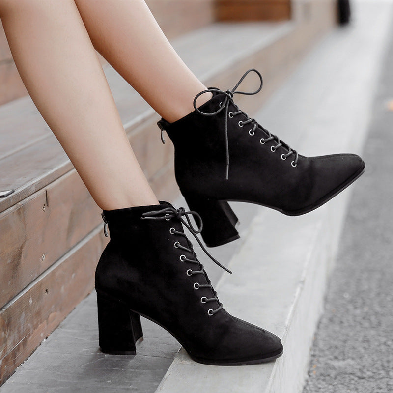 British Style Square Toe Thick Heel Lace High-heeled Martin Boots