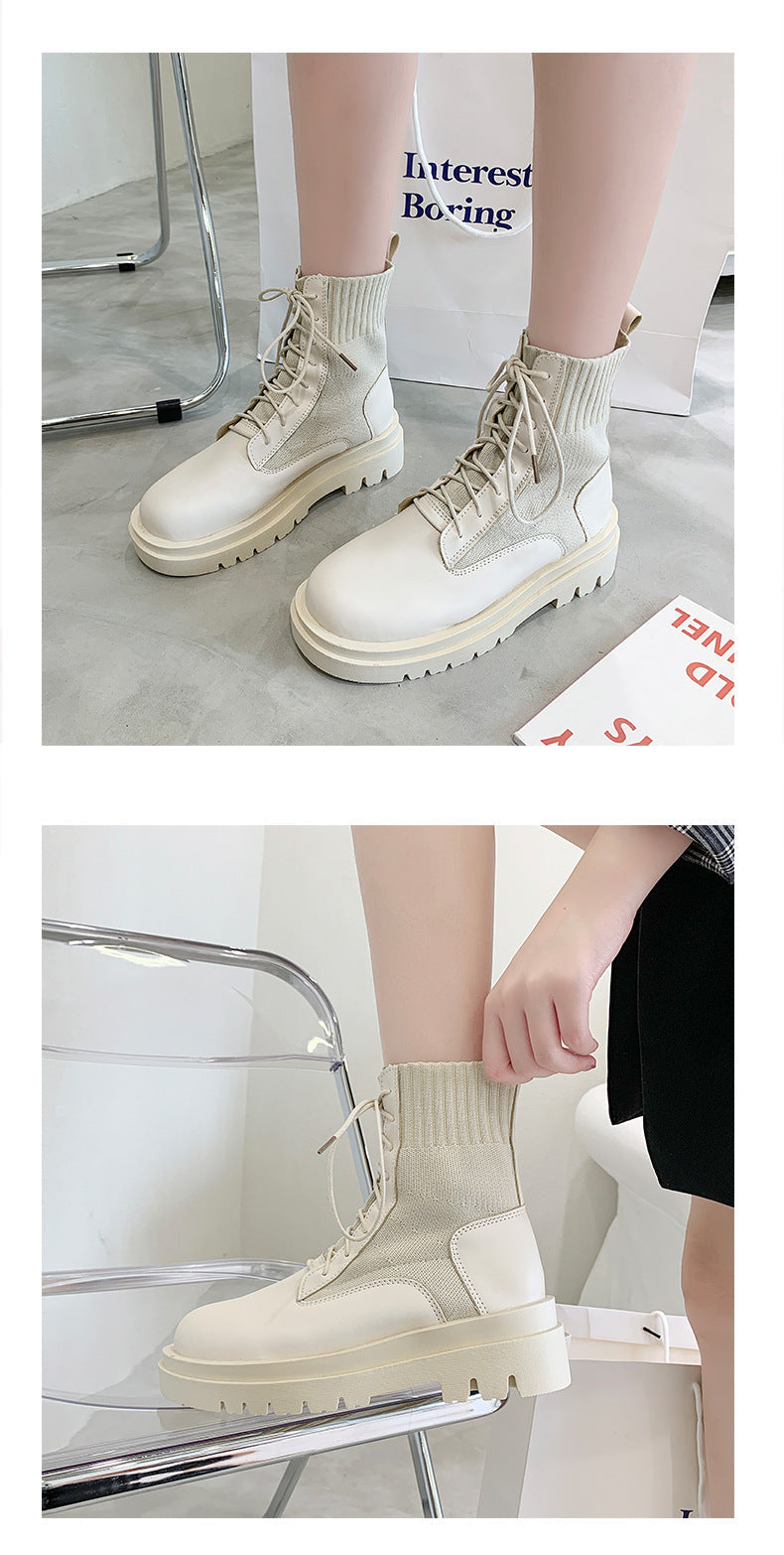 Women's Solid Color Low-Top Autumn Front Lace-up Round-Toe Thick-Heeled High-Top Black Martin Boots