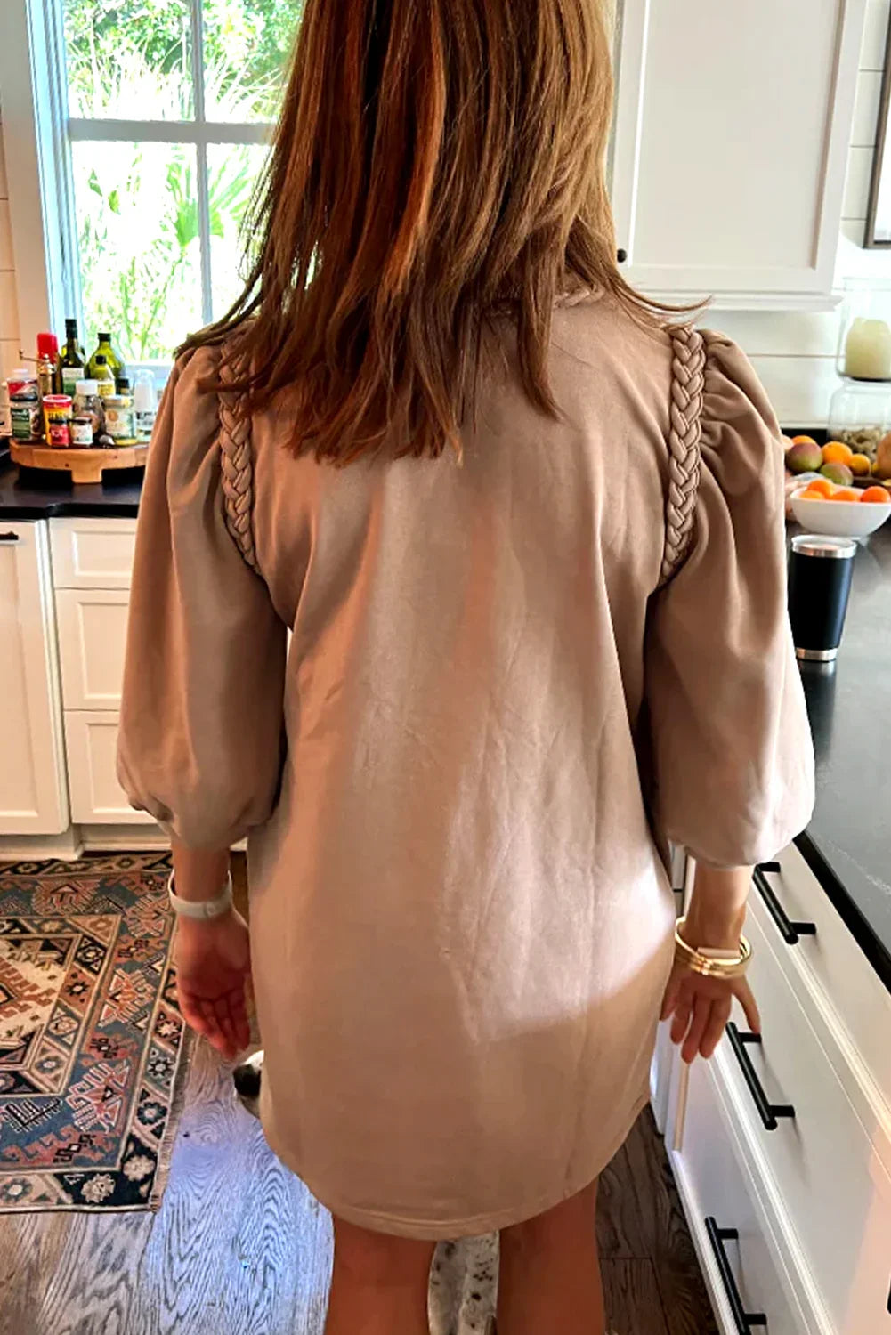 Light French Beige Twist Braided Embellished Puff Sleeve Dress