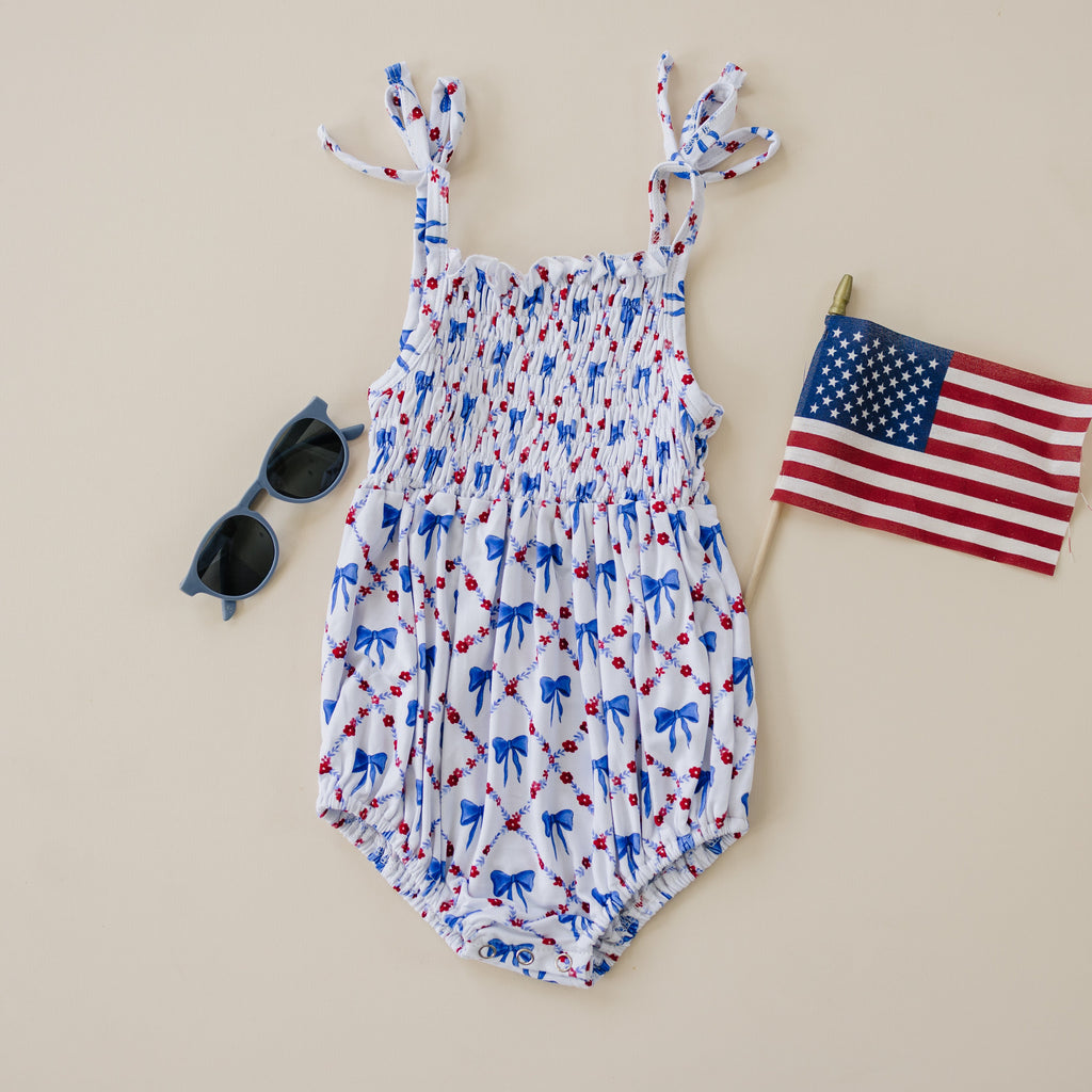 Smocked Red, White and Bows Bamboo Bubble Romper