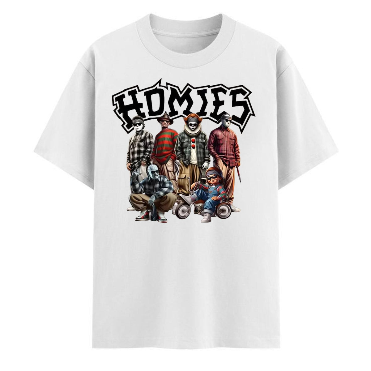 "Homies Horror" Movie Villains T-Shirt - Funny Chicano Lowrider Style Tee, Urban Halloween Streetwear