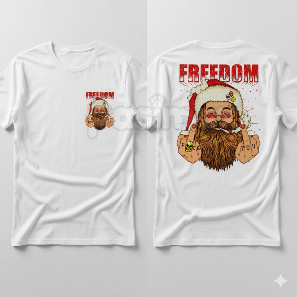 FREEDOM Defiant Santa Claus T-Shirt - Funny Rebel Christmas Print, Men's Edgy Holiday Graphic Tee, Anti-Establishment Gift