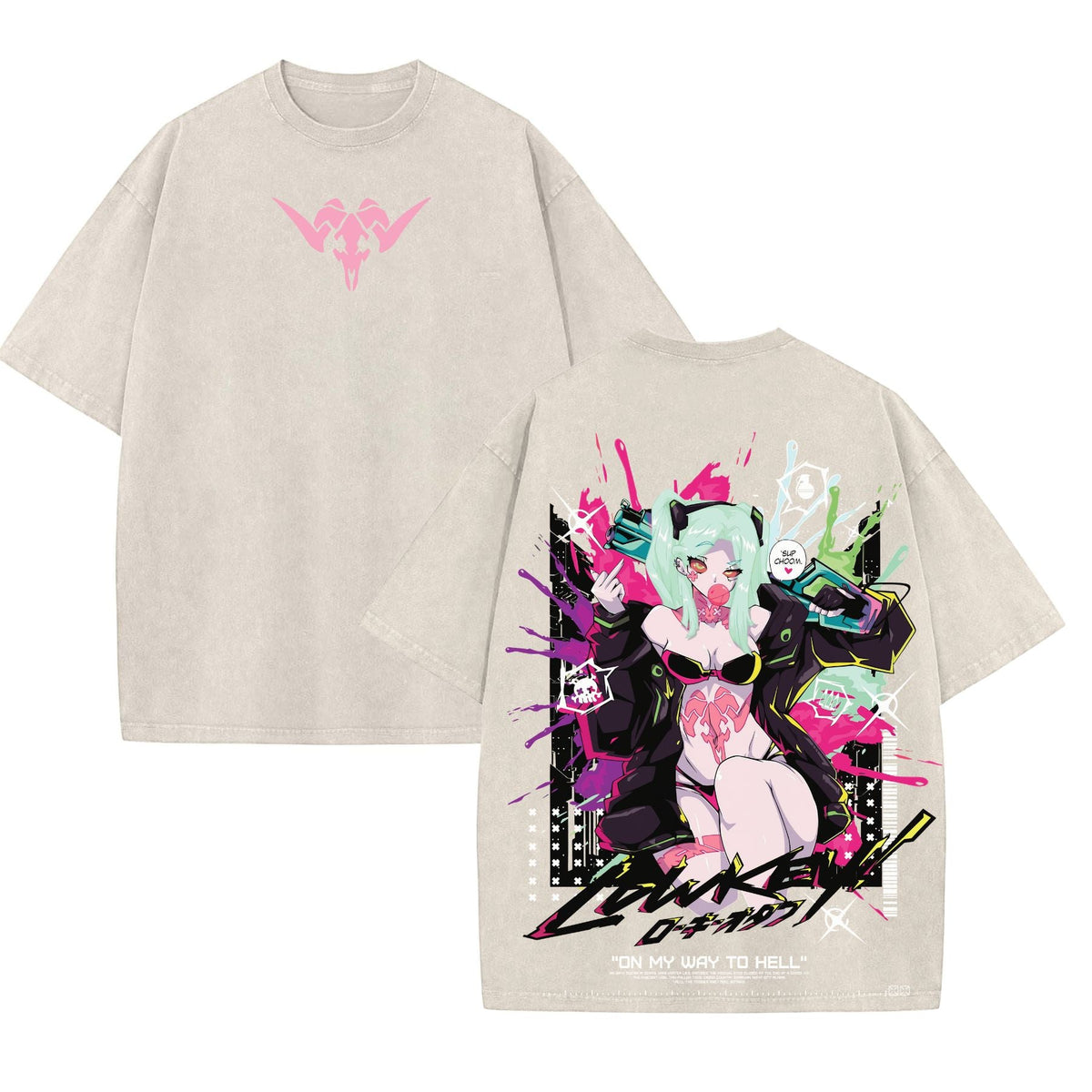 Cyberpunk Edgerunners Rebecca Tee – Acid Washed Double Print Heavyweight Anime Shirt