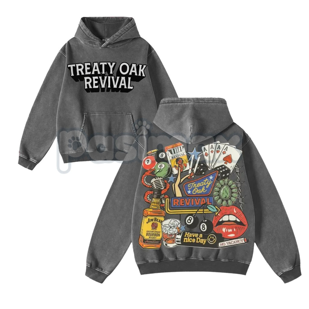 Retro Treaty Oak Revival Western Hoodie – Vintage Washed Pullover, Classic Americana Streetwear