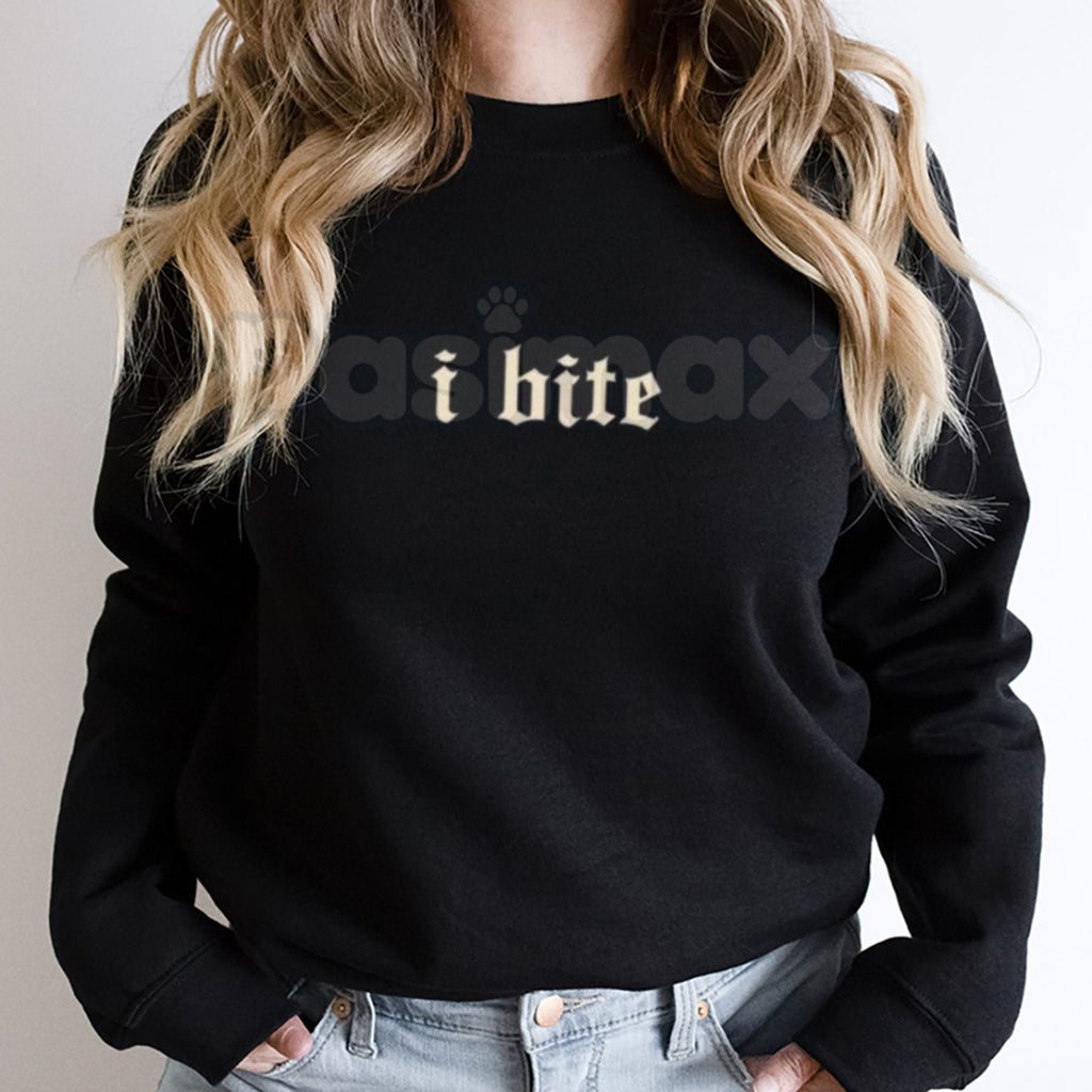 Gothic I Bite Sweatshirt | Funny Girls Crewneck | Edgy Vampire Core Jumper | Aesthetic Alt Clothing for Her | Sarcastic Goth Graphic Pullover | Dark Aesthetic Valentine Gift