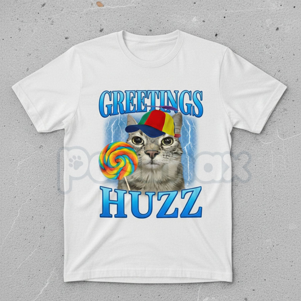"Greetings Huzz" Lollipop Cat Meme T-Shirt - Funny Silly Brainrot Cat Tee, Viral Internet Humor Graphic Shirt, Ironic Gen Alpha Slang Fan Gift