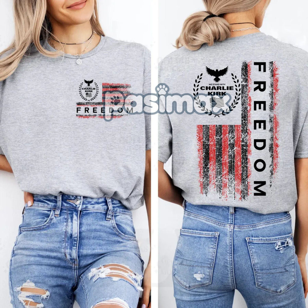 Freedom Charlie Kirk USA Flag T-Shirt - We Stand With Charlie Kirk, 2-Sided Patriotic Tee