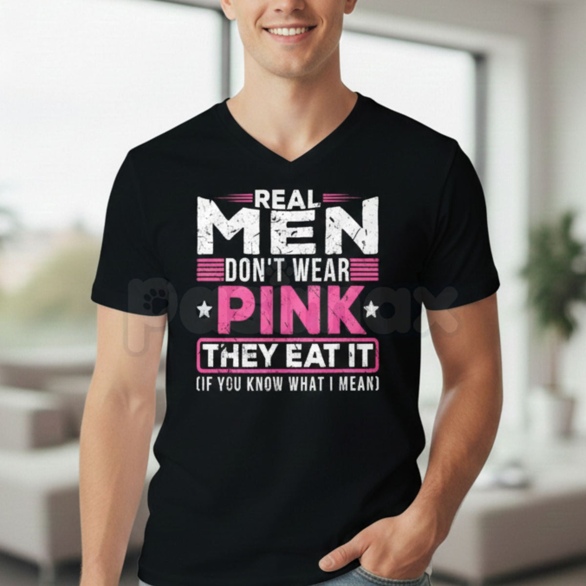 "Real Men Don't Wear Pink" Funny Cat T-Shirt - Absurdist Ironic Meme Graphic Tee, Surreal Humor Streetwear, Nonsensical Slogan Weirdcore Shirt