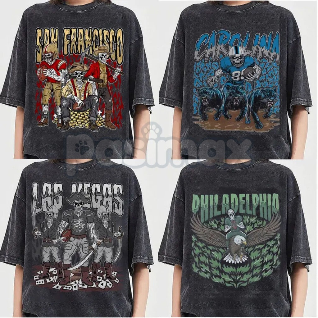 Teams Football Skull Vintage Washed T-Shirt – Classic 90s All-Team Graphic Tee, Game Day Style