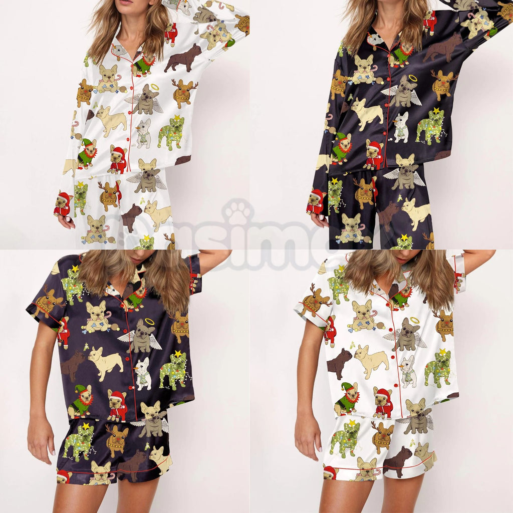 Christmas French Bulldog Satin Pajama Set for Women - Comfy Silky Sleepwear & Loungewear PJs