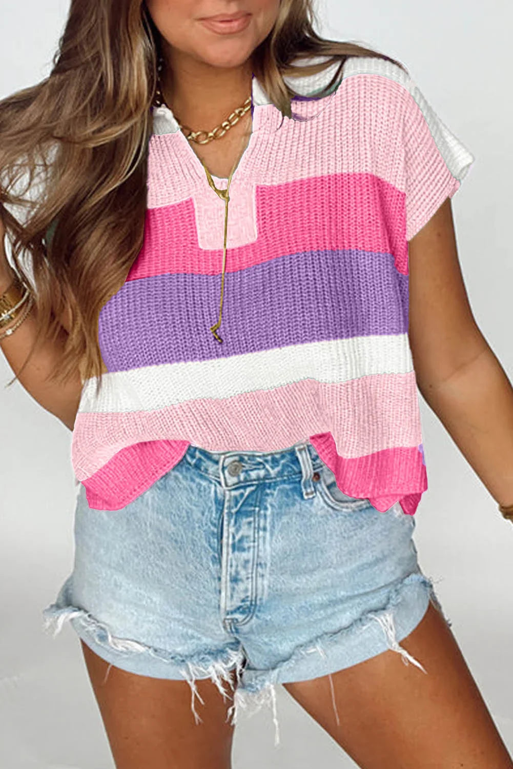Multicolour Colorblock Notch V Neck Knit T Shirt