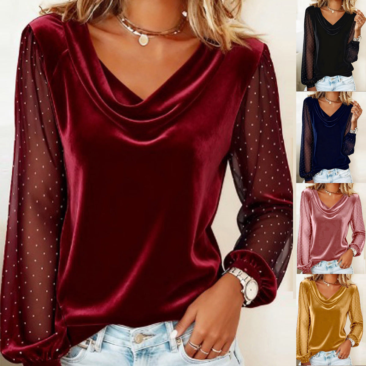 Women's Long Sleeve V-neck Velvet T-Shirt Women Elegant Diamond Mesh Sleeve Loose Tee Tops Christmas Clothes Women Shirt Red
