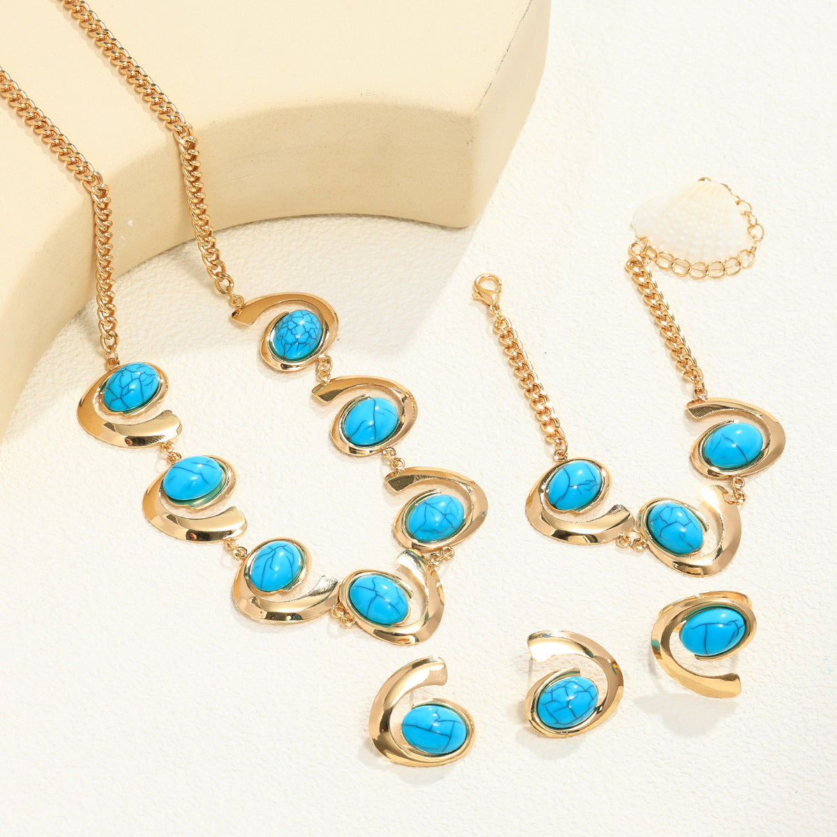 Inlaid Turquoise Spiral Earrings Necklace Bracelet Ring Set