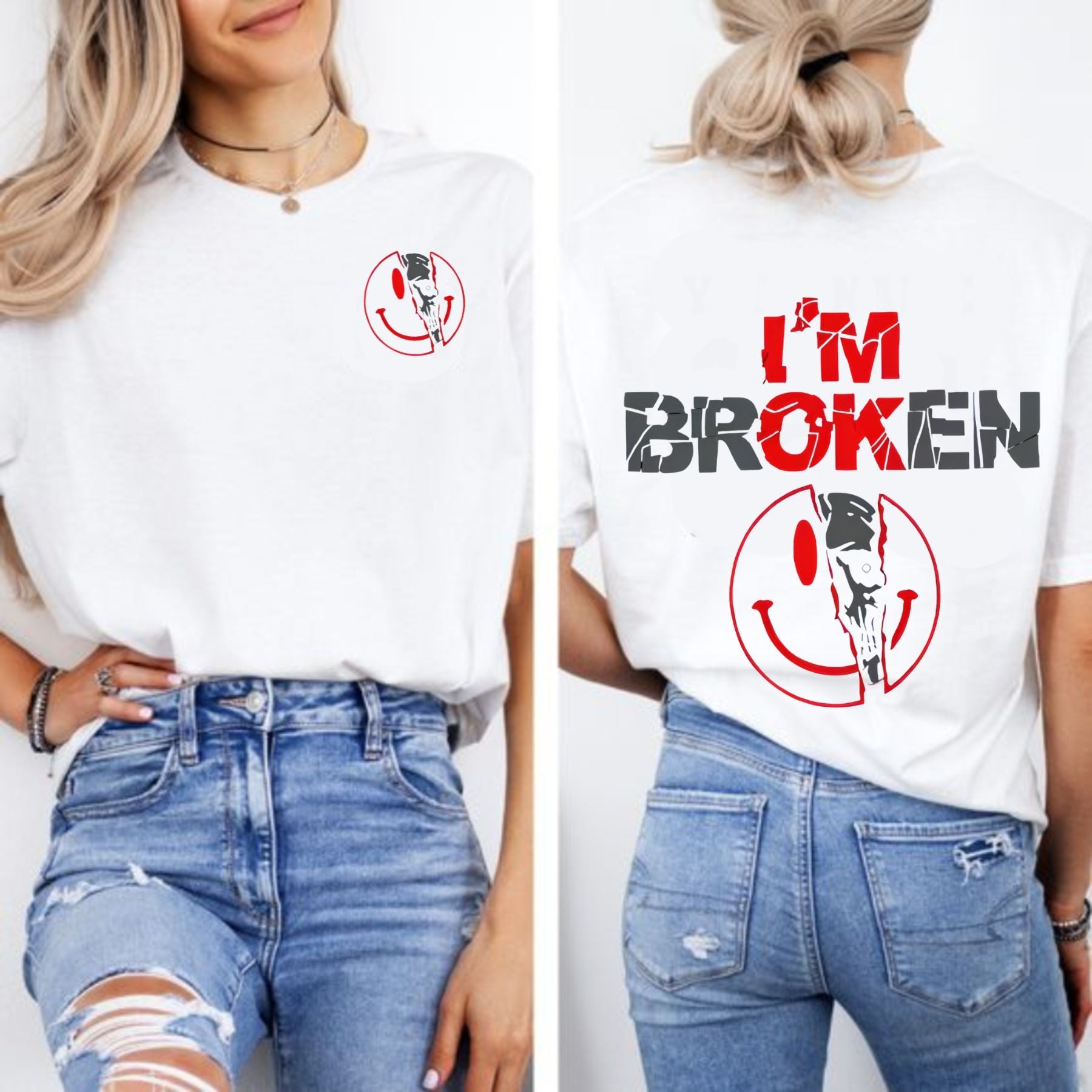 2-Sided "I'm Broken" Shirt - Horror Smile & Broken Heart Graphic Tee, Unisex Sweater