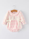 Pink Plaid Ruffle Ballet Shoe Embroidery Long Sleeve Romper