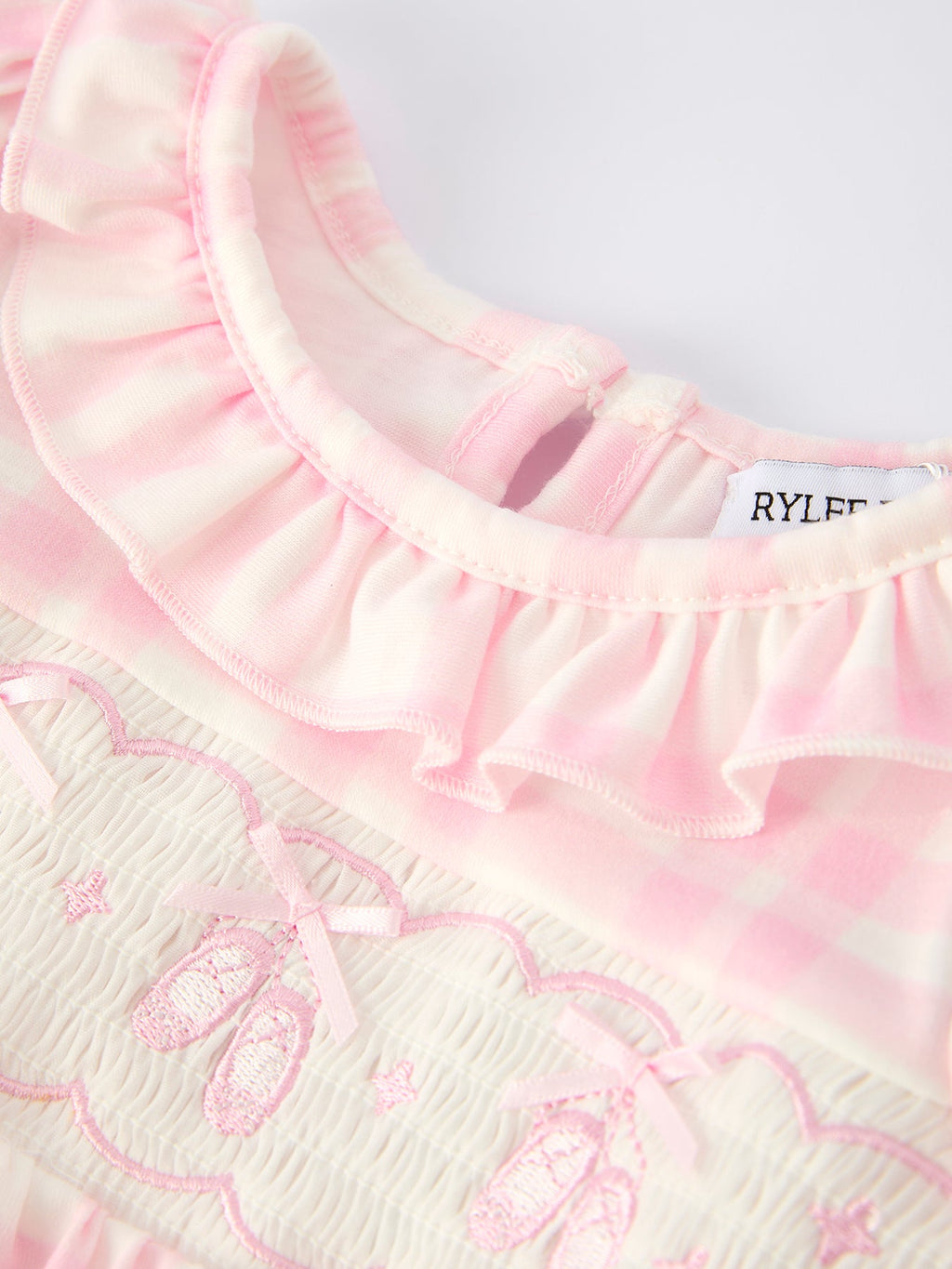 Pink Plaid Ruffle Ballet Shoe Embroidery Long Sleeve Romper