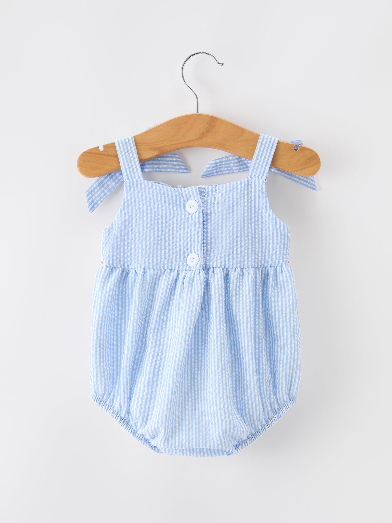 Whale Embroidered Smocked Seersucker Baby Girl Romper Bow