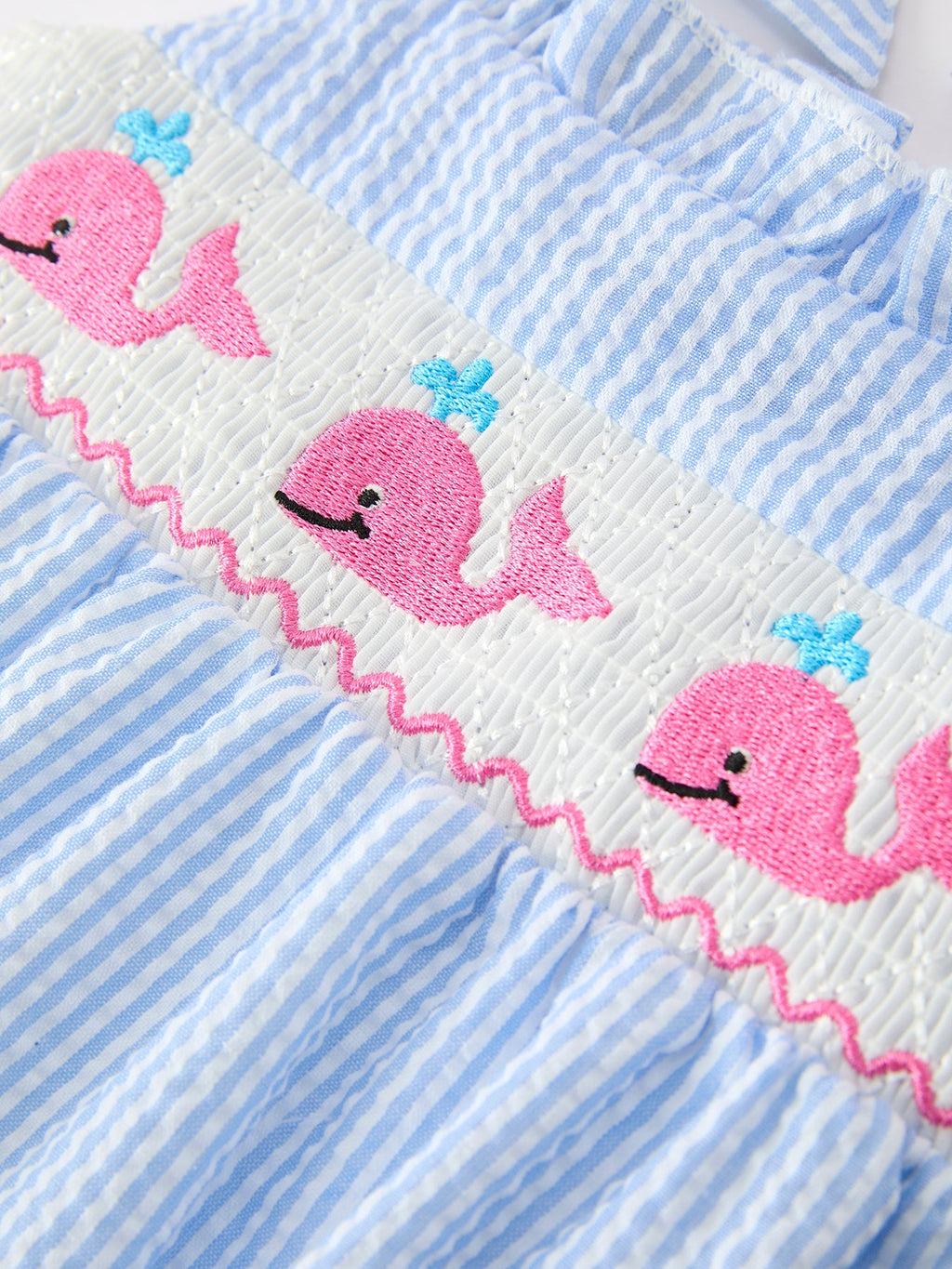 Whale Embroidered Smocked Seersucker Baby Girl Romper Bow