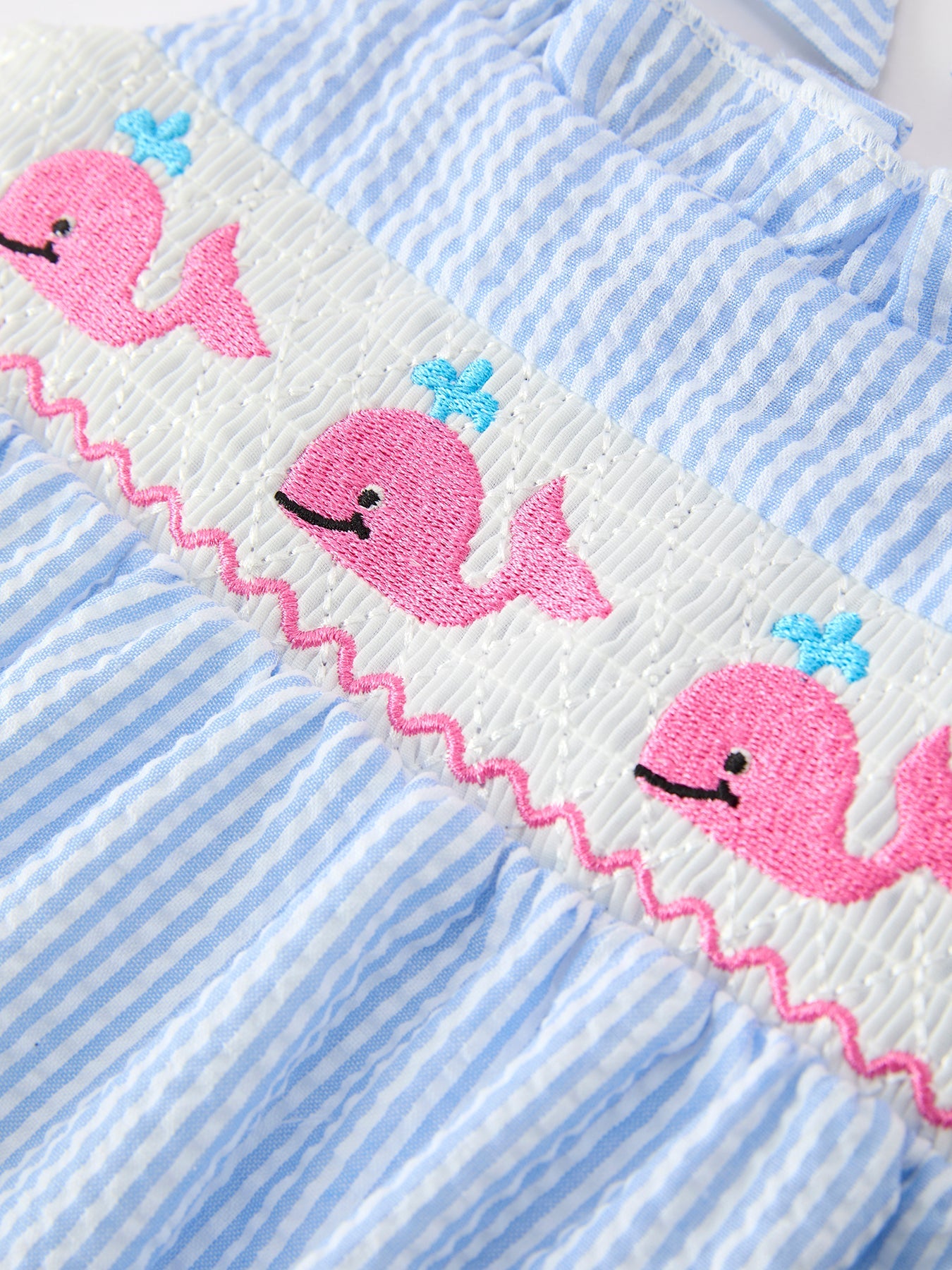 Whale Embroidered Smocked Seersucker Baby Girl Romper Bow