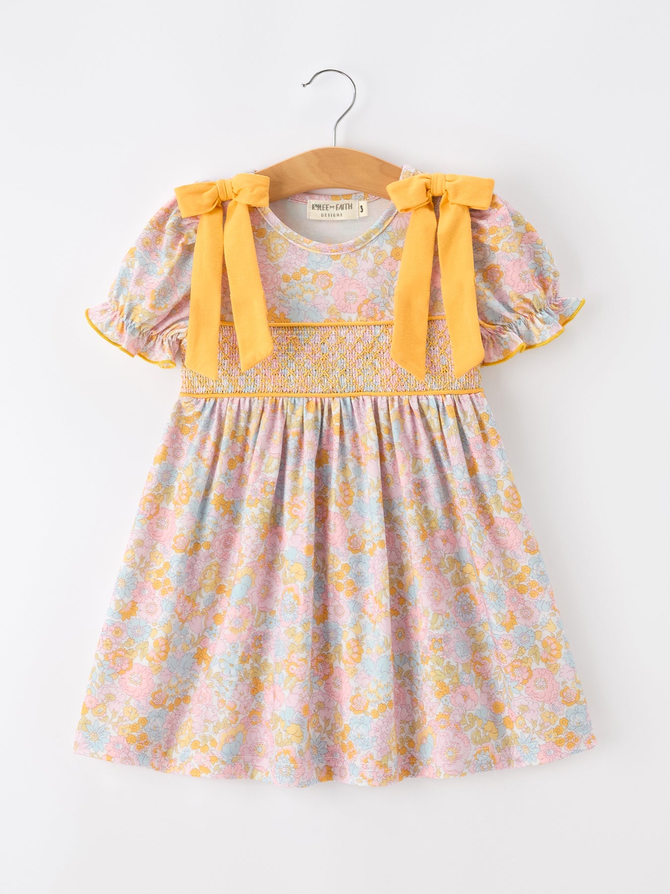 Yellow Bow Smocked Floral Girl Dress