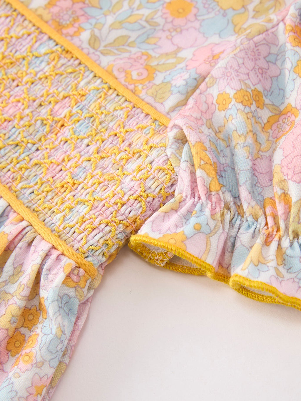 Yellow Bow Smocked Floral Girl Dress
