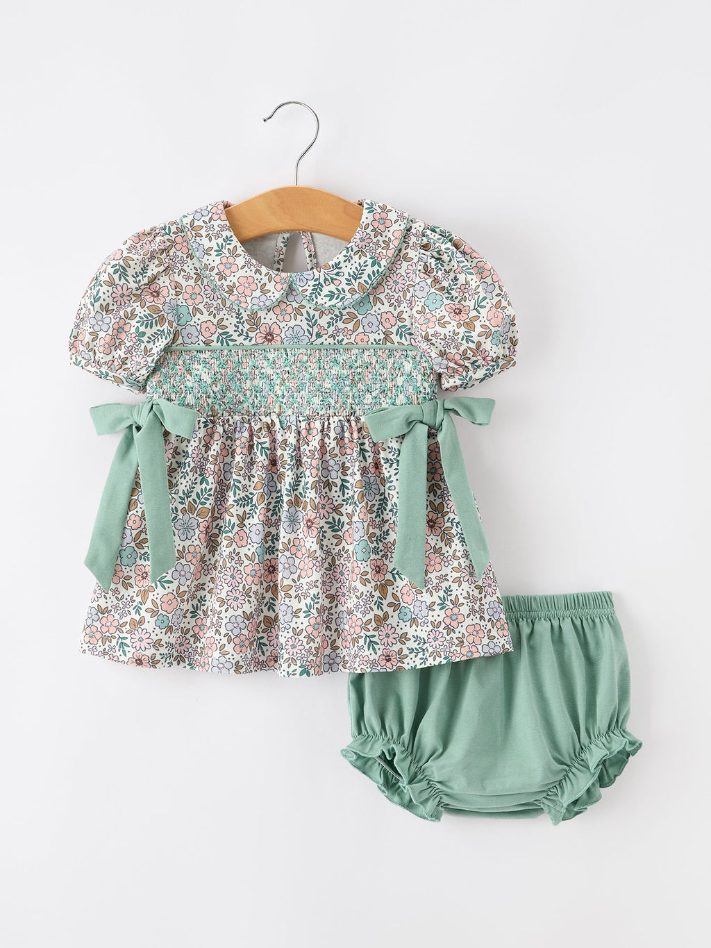 Sage Green Floral Smocked Girl Bloomer Set