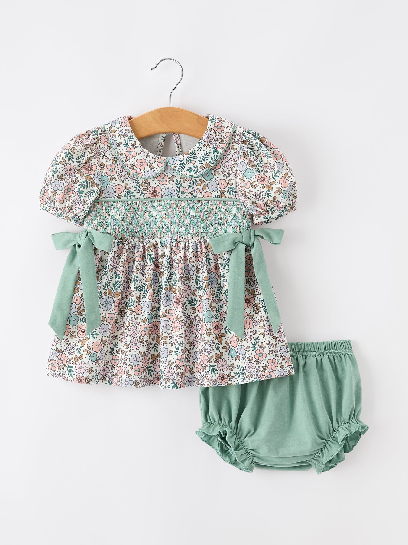 Sage Green Floral Smocked Girl Bloomer Set