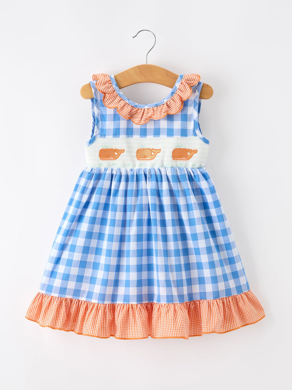 Summer Whale Embroidery Girls Dress Plaid Ruffle Collar