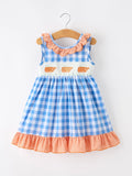 Summer Whale Embroidery Girls Dress Plaid Ruffle Collar
