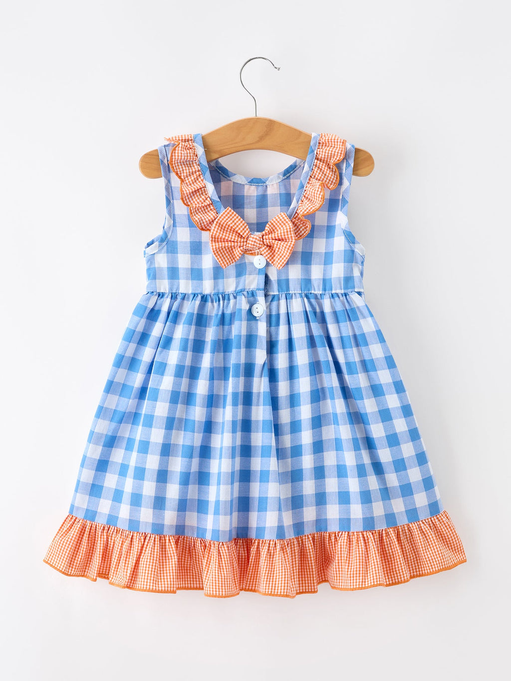 Summer Whale Embroidery Girls Dress Plaid Ruffle Collar