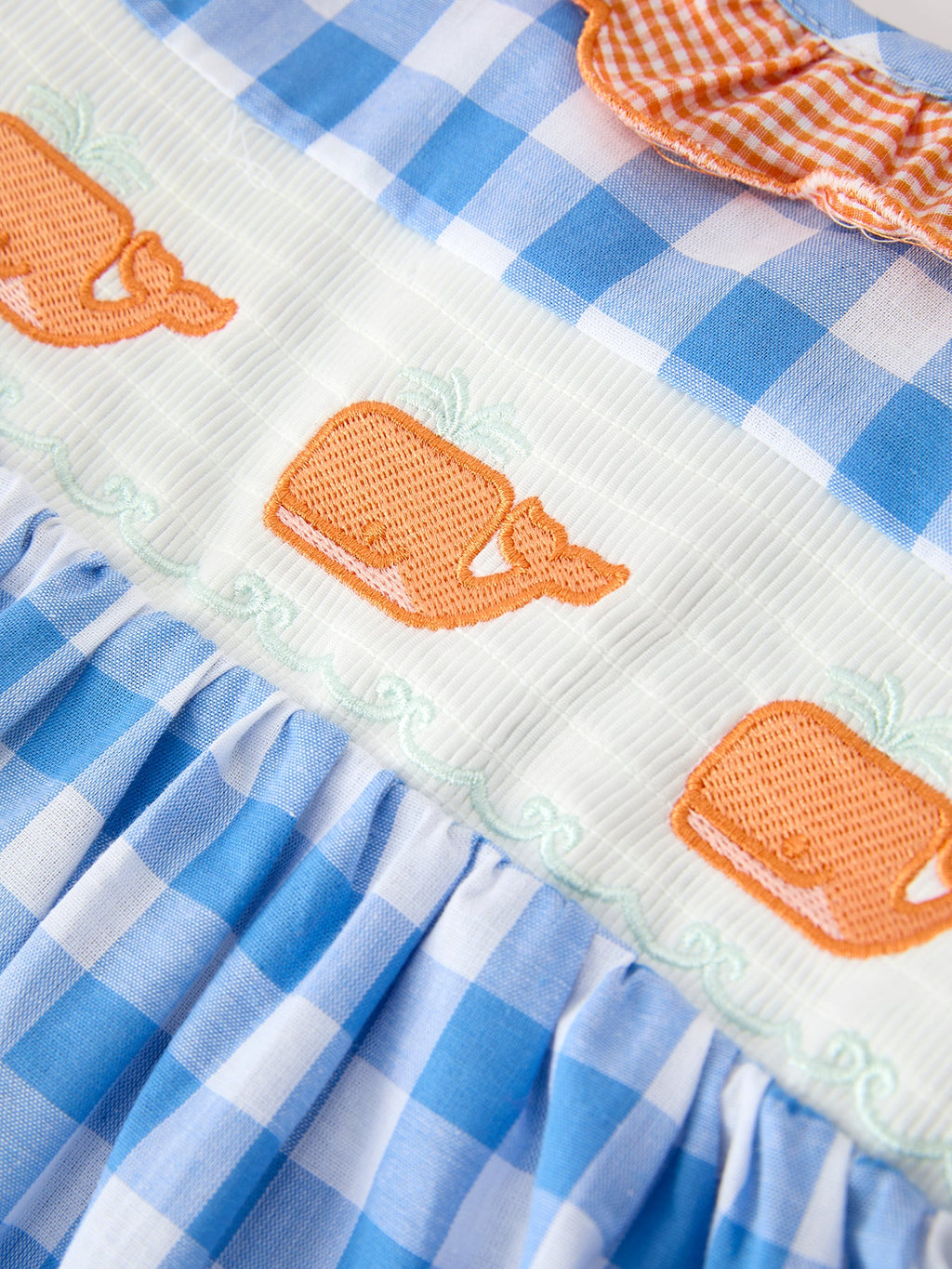 Summer Whale Embroidery Girls Dress Plaid Ruffle Collar