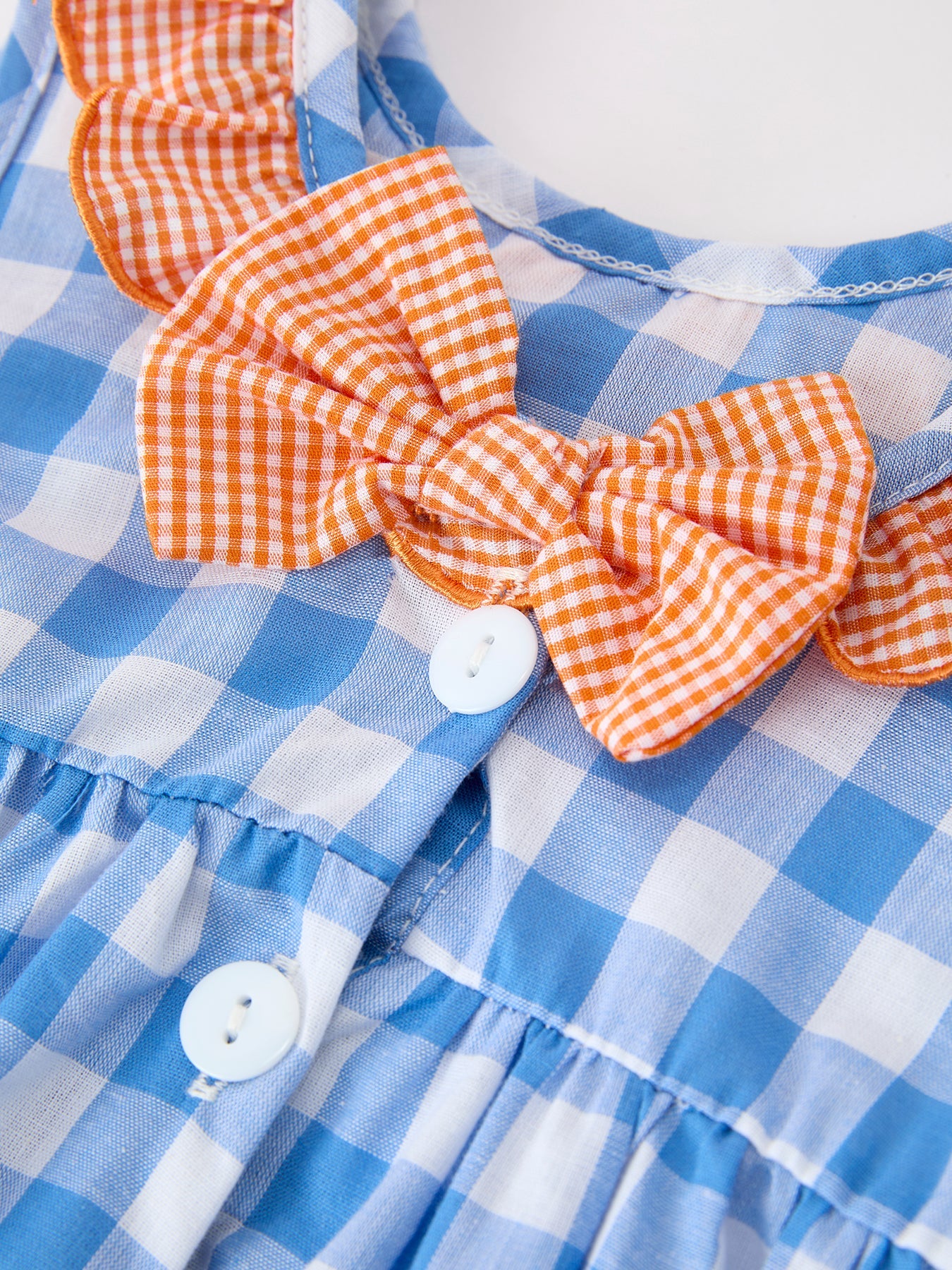 Summer Whale Embroidery Girls Dress Plaid Ruffle Collar