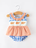 Summer Whale Embroidery Girls Romper Plaid Ruffle Collar