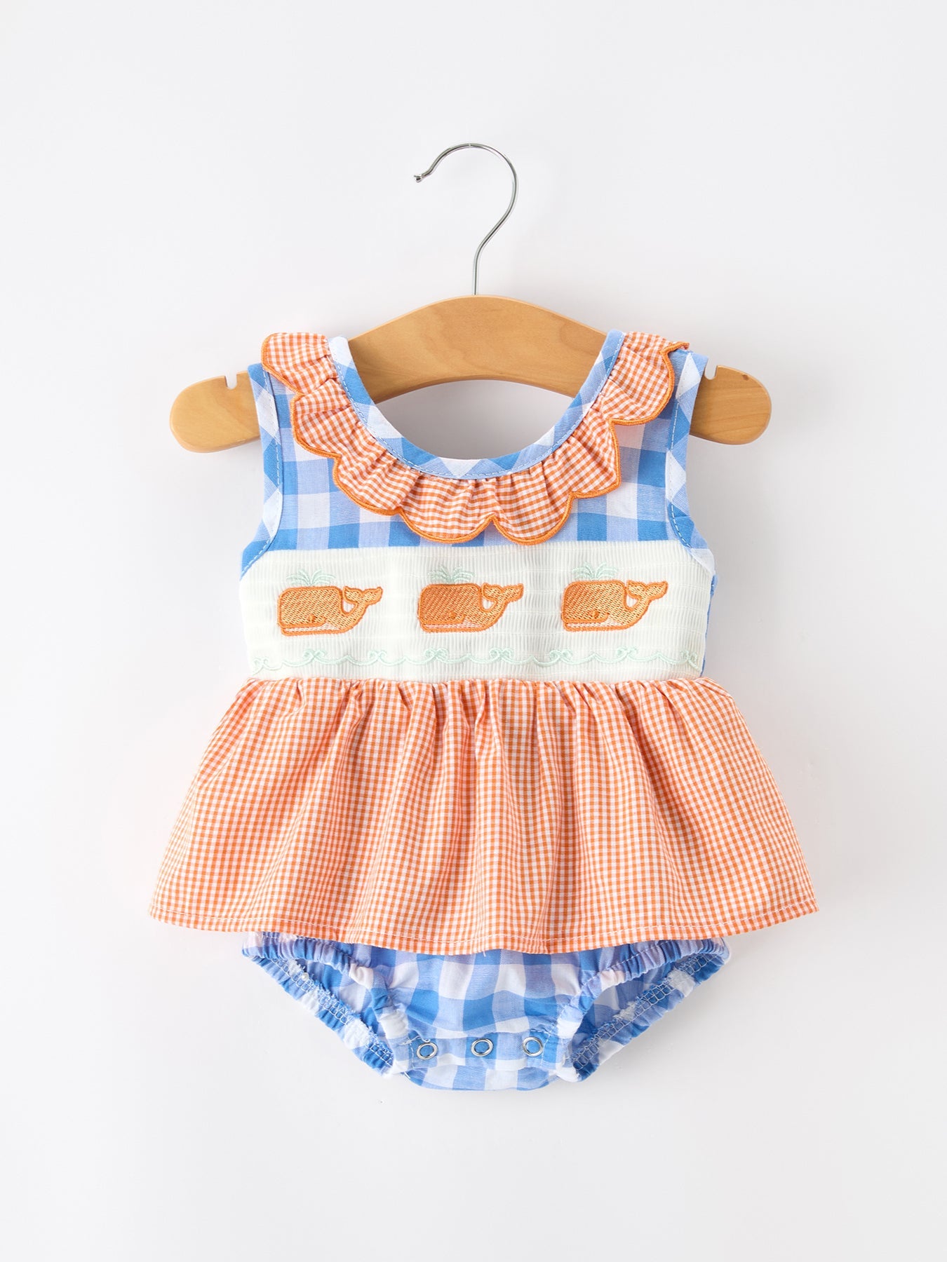 Summer Whale Embroidery Girls Romper Plaid Ruffle Collar